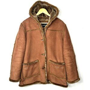 Womens Western Coat Ranch Boho Faux Sheepskin Faux Fur Lined Hooded Caramel M